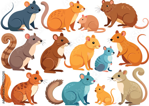 Collection of cute cartoon forest animals and rodents featuring diverse squirrels, mice, hamsters, and hedgehogs isolated on white background.