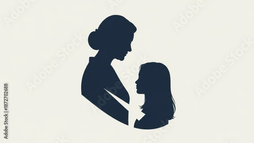 Silhouette of a mother and daughter facing each other in profile with their heads close together on a plain background with family and love and relationship