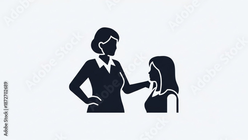 Silhouette of confident woman talking to another woman with hand on hip with communication and conversation and professional and interaction