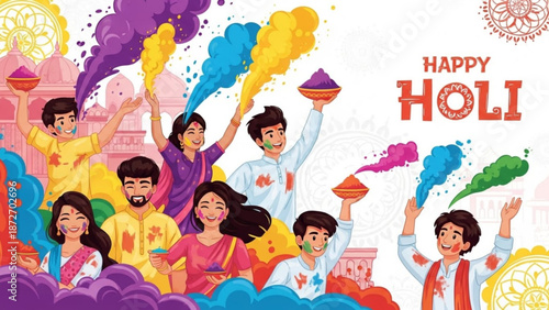 Vibrant holi celebration with joyful people throwing colorful powders and smiling in festive atmosphere with festival and happy and India and Indian