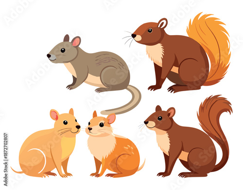 Collection of cute cartoon forest animals and rodents featuring squirrel, hedgehog, mouse, and hamster characters isolated on white background.