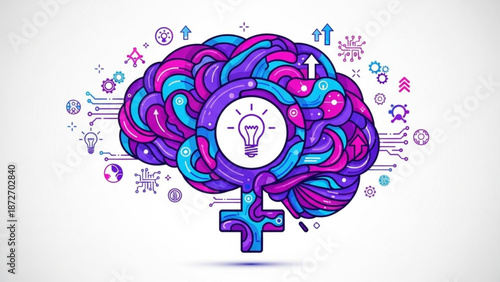 Vibrant colorful brain with lightbulb idea and symbols representing creativity and innovation in equality and empowerment with feminism and inspiration