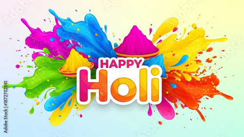 Vibrant holi celebration background with colorful powder and splashes of paint in pink blue green yellow and orange with festival and happy and festive