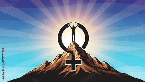 A person stands triumphantly on a mountain peak with arms raised under a radiant sun and a large venus symbol with a cross in front on a sunny gradient background