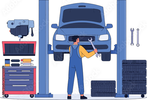 Professional auto mechanic repairing car on a hydraulic lift in garage workshop service station isolated on white background.