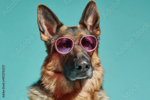 Domestic canine breed wearing circular tinted eyewear against a bright colored background