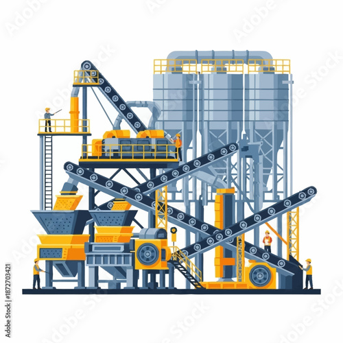 Industrial Cement Production Plant with Conveyor Belts and Silos.