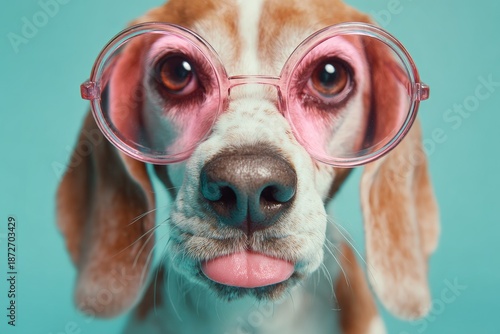 Wallpaper Mural Close up portrait of a comical canine wearing oversized pink round spectacles against a bright solid background Torontodigital.ca