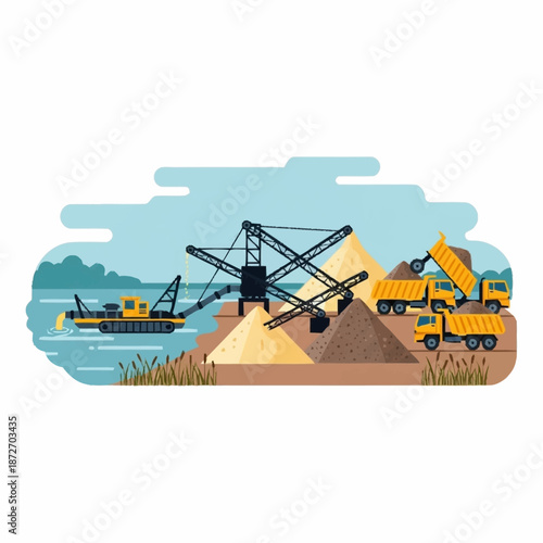 Industrial Dredging and Construction Site with Heavy Machinery.