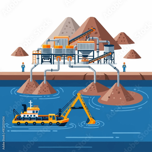 Industrial Dredging Operation Extracting Sand From Underwater.