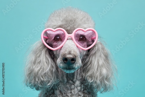 Wallpaper Mural Portrait of silver poodle wearing novelty heart shaped sunglasses against blue background Torontodigital.ca