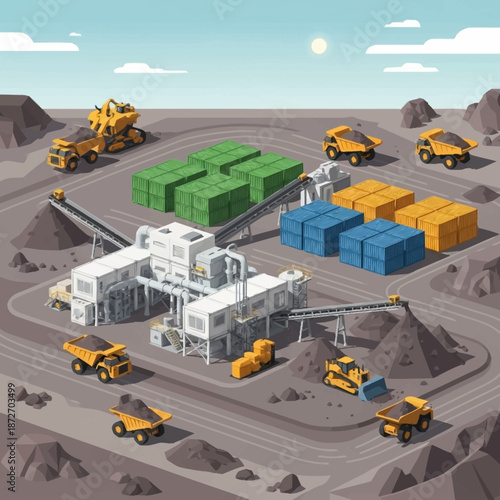 Industrial mining operation with heavy machinery and materials.