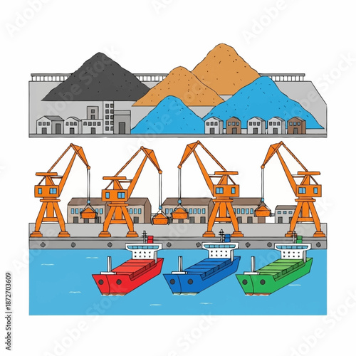 Industrial Port Cranes Loading Cargo Ships at Dockside.