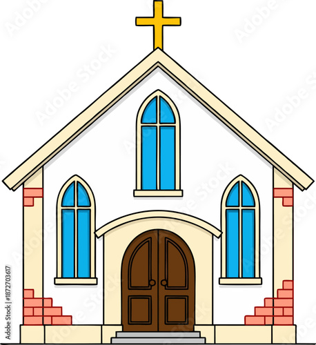 Simple flat cartoon vector of symmetrical white Christian church with golden cross on gabled roof, gothic blue stained glass windows, brown arched wooden doors, and brick accents