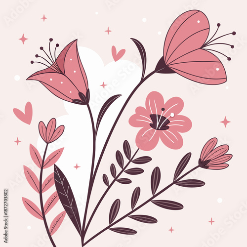 Whimsical Valentine Floral Card with Storybook Style
