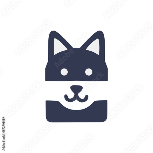A simple dark blue graphic of a dog's face with a white stripe across its muzzle, representing a friendly and approachable animal icon