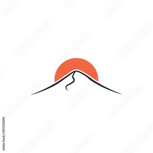 Minimalist illustration of a mountain peak with a path winding up its side and a sun setting behind it, evoking a sense of journey and achievement