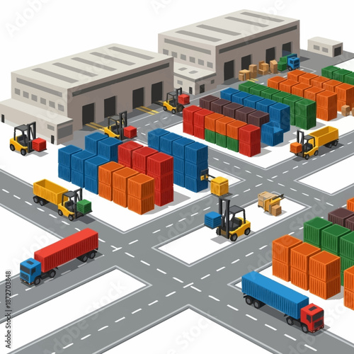 Logistics Hub with Shipping Containers and Trucks.