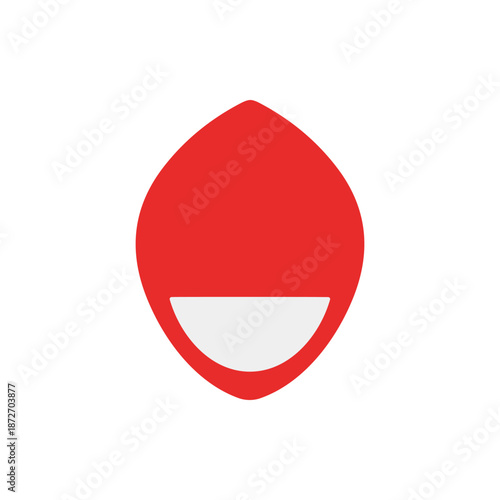 Minimalist red and white abstract oval shape with a subtle curve representing a stylized leaf or seed, symbolizing growth and simplicity