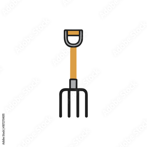 A simple graphic illustration of a garden fork, a common gardening tool, on a white background