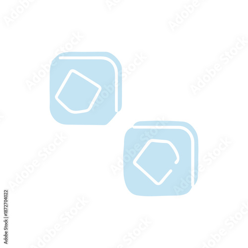 Two stylized light blue ice cubes with a diamond shape outline within each, isolated on a white background, representing coolness and elegance
