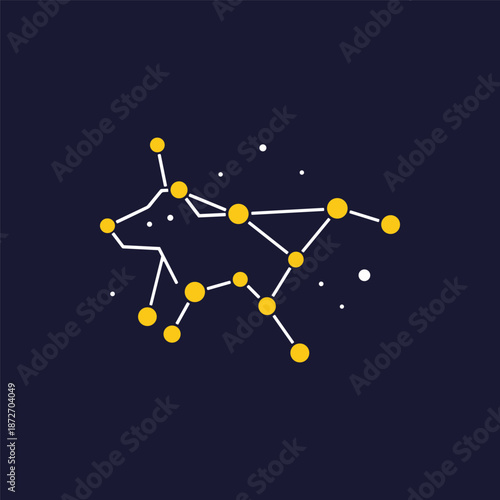 Stylized celestial dog constellation illustration glowing brightly in the vast dark blue night sky, representing ancient astronomical patterns and a cosmic canine