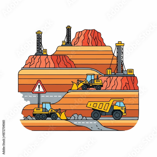 Mining operation with heavy machinery and drilling rigs on terraced landscape.