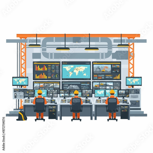Modern Control Room with Multiple Monitors and Operators.