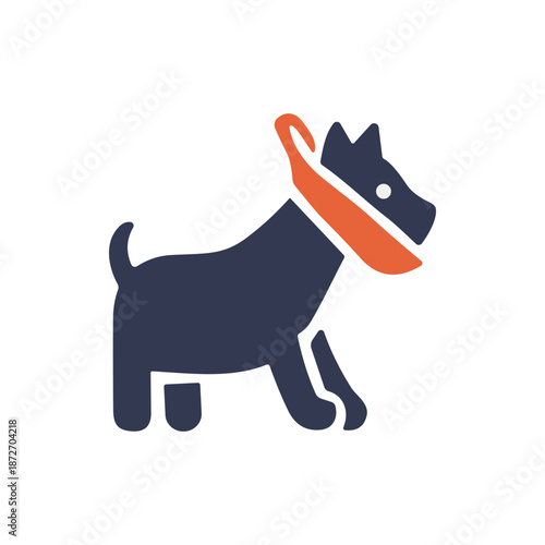 Stylized graphic icon depicting a dark blue dog wearing an orange protective cone collar, symbolizing veterinary recovery, pet care, and healing after injury or surgery