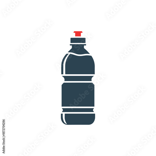 A dark blue plastic bottle with a red cap, isolated on a white background, representing a beverage container