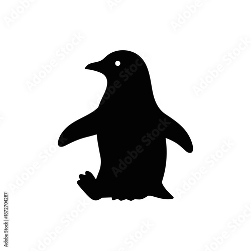 Minimalist black silhouette illustration of a cute sitting penguin, perfect for nature, animal, or children's design projects. Simple graphic icon representing arctic wildlife concepts