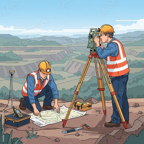 Surveyors working with equipment on a site.