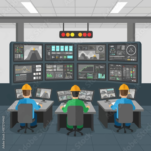 Three engineers monitoring control room screens.