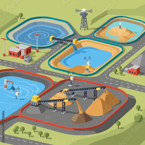 Wastewater Treatment Plant with Ponds and Conveyor Belts.