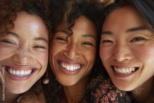 Wallpaper Mural Three women share a joyful embrace, showcasing bright smiles and close connection. Torontodigital.ca