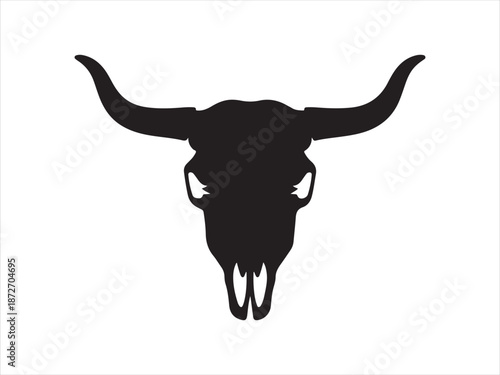 Buffalo head skull, vintage retro scary spooky cow, bull skull head skeleton. Bull Skull Silhouette with Long Horns