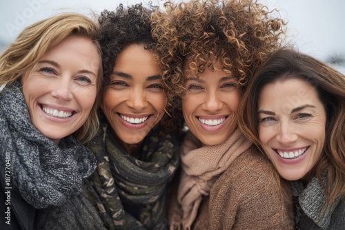 Wallpaper Mural Four women sharing a joyful, outdoor embrace, radiant smiles, and warm tones in a winter setting. Torontodigital.ca