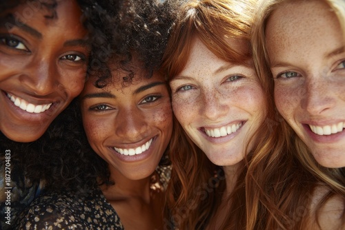 Wallpaper Mural Four women with diverse ethnicities share a joyful, close-up portrait, beaming with smiles and radiating a positive, uplifting atmosphere. Torontodigital.ca