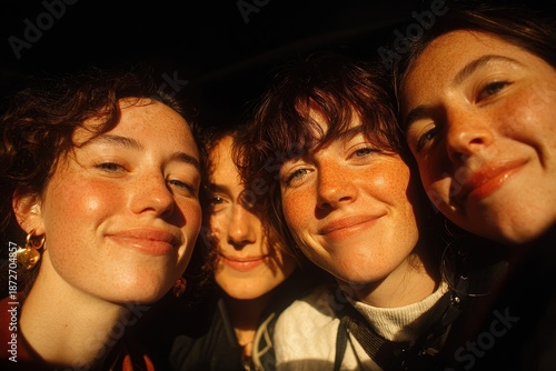 Wallpaper Mural Four young women, close-up, radiate warmth and friendship in a sun-drenched, intimate portrait. Torontodigital.ca