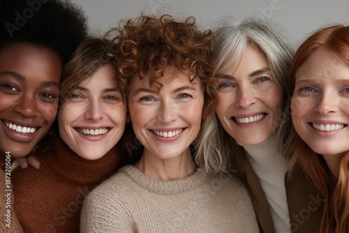 Wallpaper Mural A close-up portrait of five women of varying ages and ethnicities, radiating joy and togetherness.  Their warm smiles and natural beauty create a positive and uplifting image. Torontodigital.ca