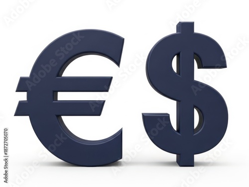 Dark blue 3d euro and dollar currency symbols side by side on white background