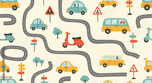 Seamless pattern features a variety of colorful cars, buses, and scooters driving on winding asphalt roads with traffic signs and small trees.