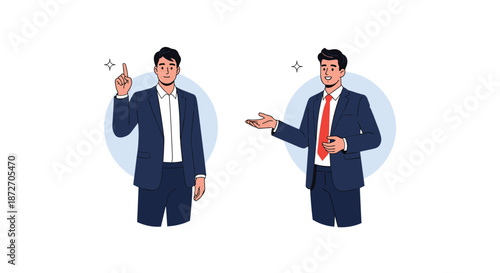 Two professional businessmen in dark suits are shown side by side, gesturing and presenting ideas with a confident and friendly demeanor.