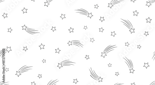 Minimalist seamless pattern shows a scattered arrangement of hand-drawn shooting stars and static stars in a simple black and white style.
