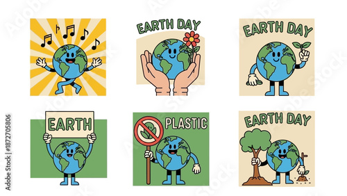 A collection of six cartoon illustrations depicting the Earth character celebrating Earth Day with various activities and messages.