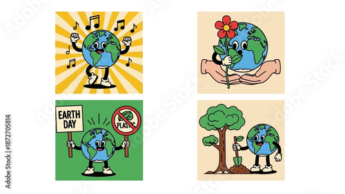 Four cartoon illustrations of planet Earth characters celebrating Earth Day with various activities like dancing, holding flowers, protesting pollution, and planting trees.