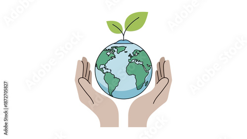 Two hands gently cradle a small globe with a sprouting plant on top, symbolizing environmental care and growth.