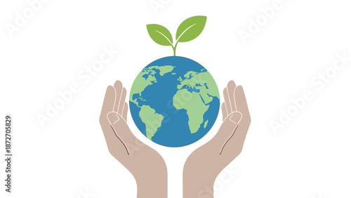 Two hands gently cradle a small globe with a green sprout growing from the top, symbolizing environmental care and growth.