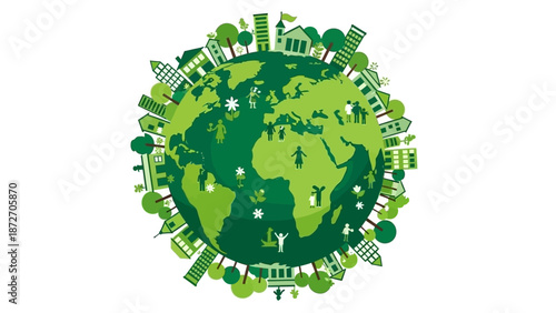 Illustration of a green planet Earth with a cityscape and trees encircling it, symbolizing environmental sustainability and eco-friendly urban development.