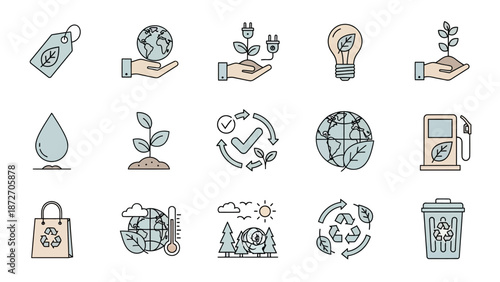 Collection of eco-friendly icons representing sustainability, nature, and environmental protection concepts.